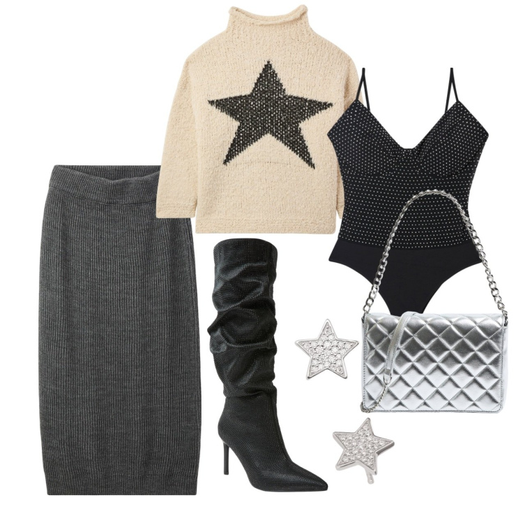 Outfit donna - Terranova - Xmas Edition 2024. Stile Chic per Serata fuori. Abbinamento con orecchini, body, gonne lunghe, maglieria, stivali, borse a tracolla.