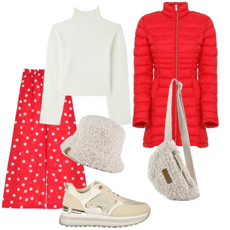 Outfit donna - Quasi Natale. Stile Trendy per Tutti i giorni. Abbinamento con maglieria, piumini, pantaloni a palazzo, marsupi, sneakers, cappelli.
