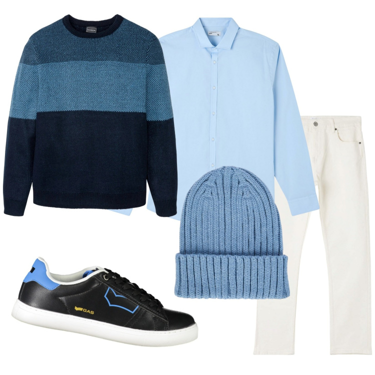 Outfit uomo - Total look #2014093. Stile Casual per Tutti i giorni. Abbinamento con maglieria, pantaloni, camicie, berretti, sneakers.