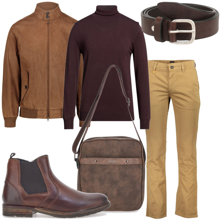 Outfit uomo - Giusto per un aperitivo. Stile Trendy per Tutti i giorni. Abbinamento con maglieria, cinture, giacche, portafogli, stivali e stivaletti, pantaloni.