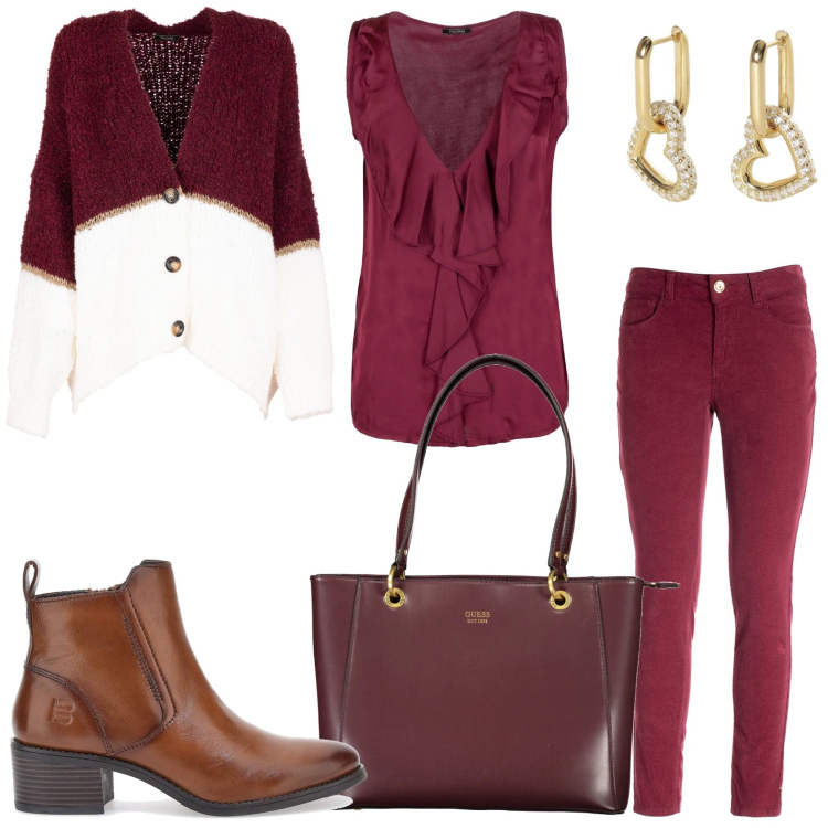 Outfit donna - In ufficio con allegria. Stile Glamour per Tutti i giorni. Abbinamento con orecchini, cardigans, pantaloni skinny, top, stivaletti, borse a spalla.