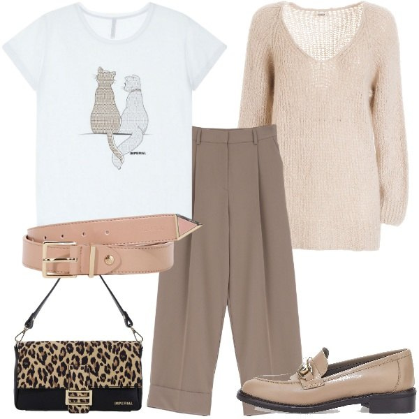 Outfit donna - Colori caldi e tenui. Stile Urban per Ufficio. Abbinamento con maglieria, pantaloni, t-shirt, borse a spalla, cinture, mocassini.
