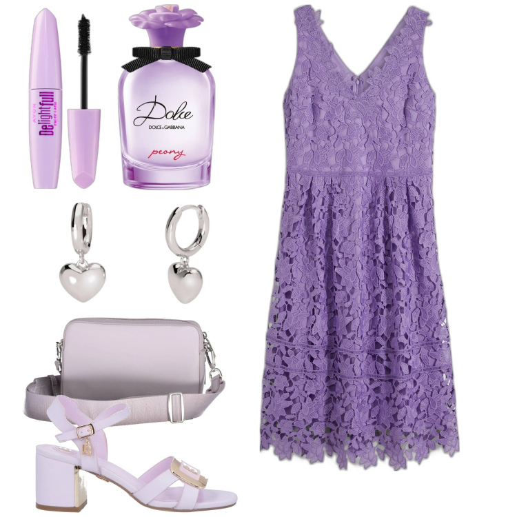 Outfit donna - Peony. Stile Romantica per Cerimonia. Abbinamento con vestiti, sandali col tacco, mascara, profumi, orecchini, borse a tracolla.