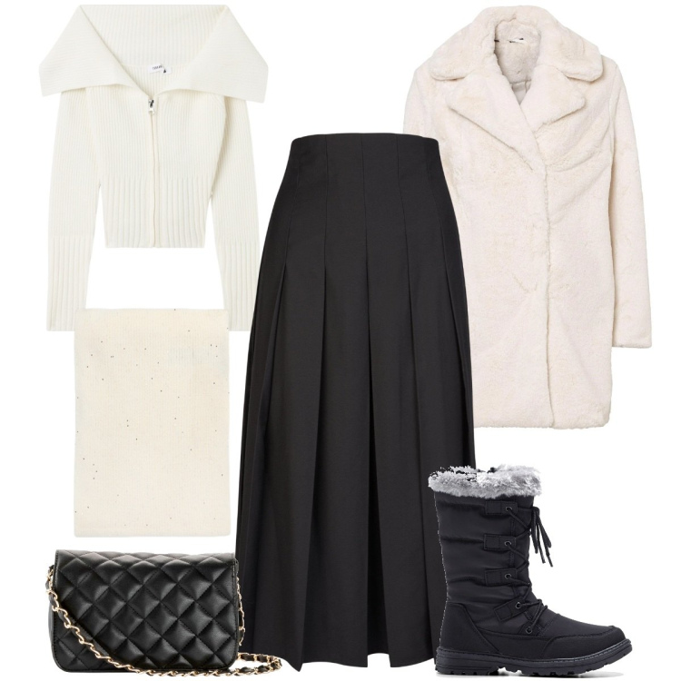 Outfit donna - Winter wonderland. Stile Romantica per Tutti i giorni. Abbinamento con stivaletti, borse a tracolla, ecopellicce, cardigans, gonne longuette, sciarpe.