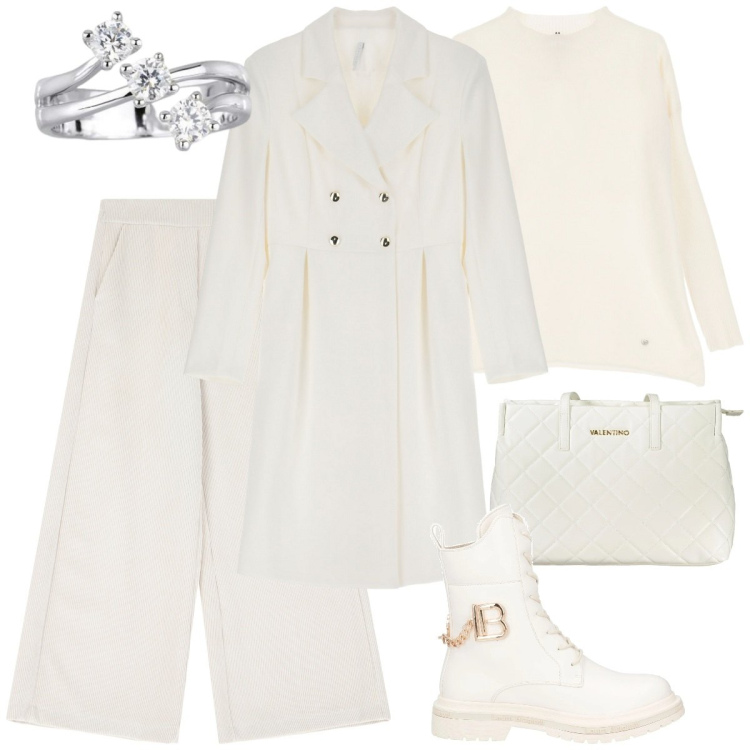 Outfit donna - Bianco invernale. Stile Casual chic per Cerimonia. Abbinamento con anfibi, anelli, maglieria, pantaloni, cappotti, borse a spalla.