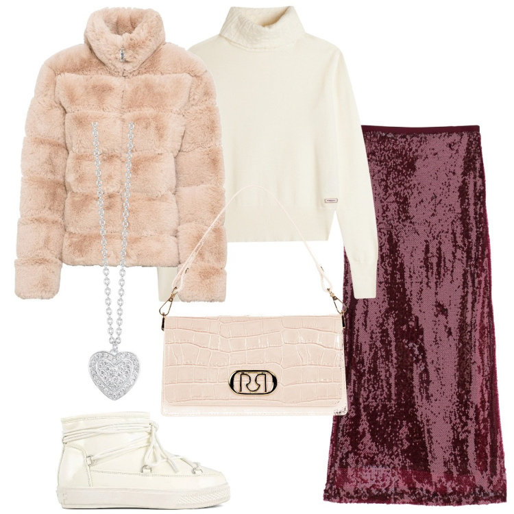 Outfit donna - Winter Wonderland. Stile Glamour per Serata fuori. Abbinamento con ecopellicce, collane, borse a tracolla, gonne lunghe, maglieria, stivali da neve.
