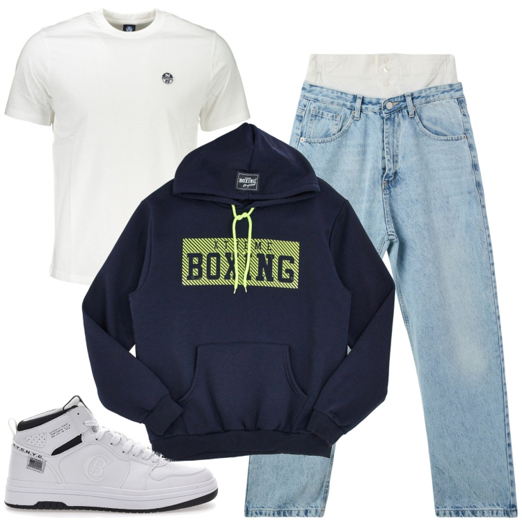 Outfit uomo - Total look #2014106. Stile Urban per Tutti i giorni. Abbinamento con jeans, sneakers, felpe con cappuccio, t-shirt.