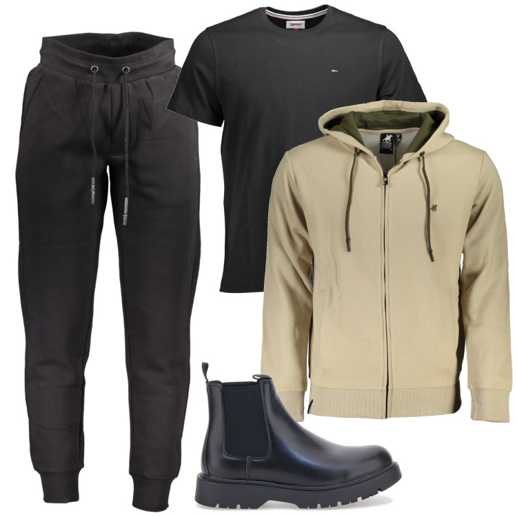 Outfit uomo - Total look #2014108. Stile Urban per Tutti i giorni. Abbinamento con stivali e stivaletti, felpe con cappuccio, pantaloni, t-shirt.