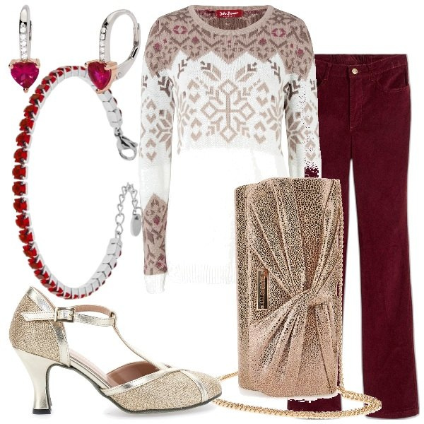 Outfit donna - Cozy Christmas Style. Stile Casual chic per Serata fuori. Abbinamento con pantaloni, maglieria, orecchini, braccialetti, pochette, décolleté.