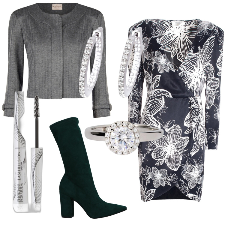 Outfit donna - Bagliori metallici. Stile Glamour per Serata fuori. Abbinamento con stivaletti, mascara, orecchini, anelli, blazer, vestiti.