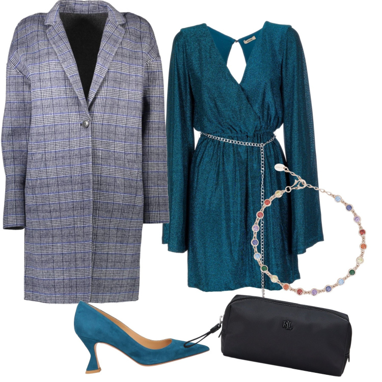 Outfit donna - Iniziano i brindisi. Stile Glamour per Serata fuori. Abbinamento con décolleté, braccialetti, vestiti, pochette, cappotti.
