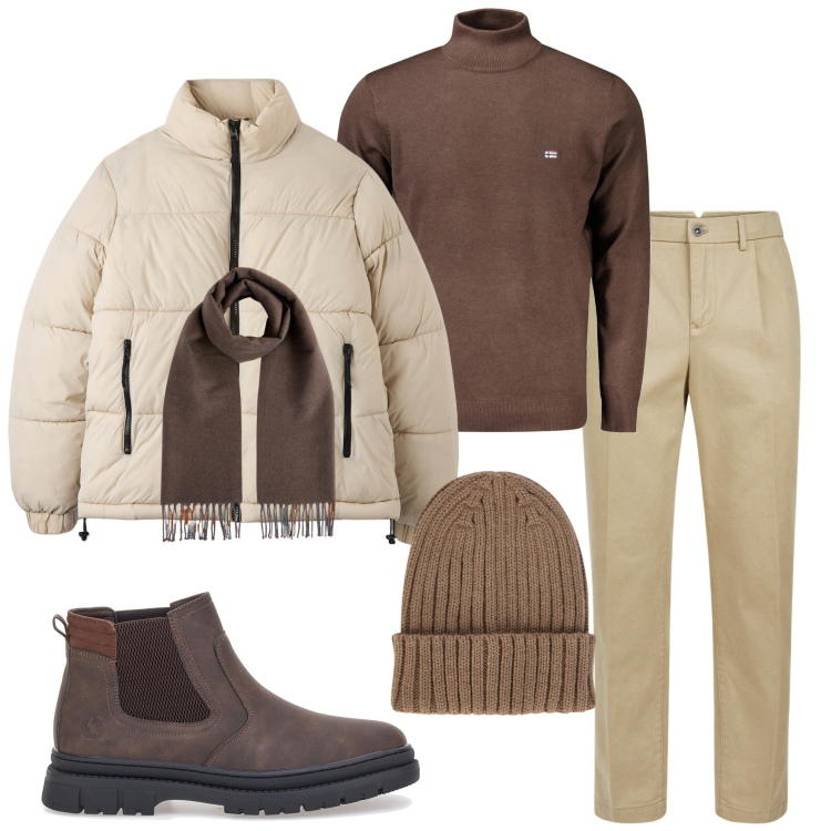Outfit uomo - Strati invernali. Stile Urban per Ufficio. Abbinamento con piumini, stivali e stivaletti, pantaloni, maglieria, berretti, sciarpe.