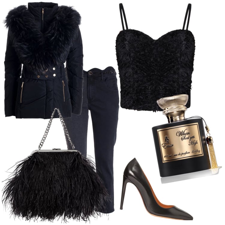 Outfit donna - Serata black and sexy. Stile Sexy per Serata fuori. Abbinamento con profumi, top, piumini, jeans, décolleté, clutch.