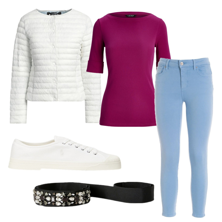 Outfit donna - Tutti i giorni. Stile Basic per Tutti i giorni. Abbinamento con piumini, jeans skinny, sneakers, maglieria, cinture.