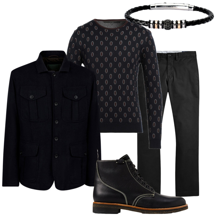 Outfit uomo - Nero elegante. Stile Urban per Serata speciale. Abbinamento con pullovers, braccialetti, pantaloni, stivali, giacche.
