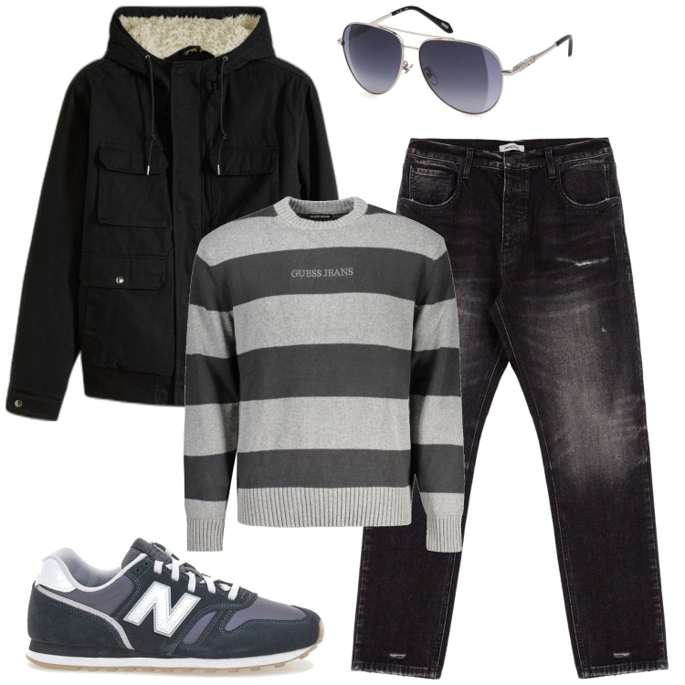 Outfit uomo - Sabato pomeriggio. Stile Casual per Tutti i giorni. Abbinamento con piumini, jeans slim fit, sneakers, occhiali da sole, maglieria.