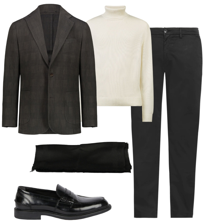 Outfit uomo - Black. Stile Business/Elegante per Tutti i giorni. Abbinamento con pantaloni chino, giacche, sciarpe e foulard, scarpe stringate, maglieria.