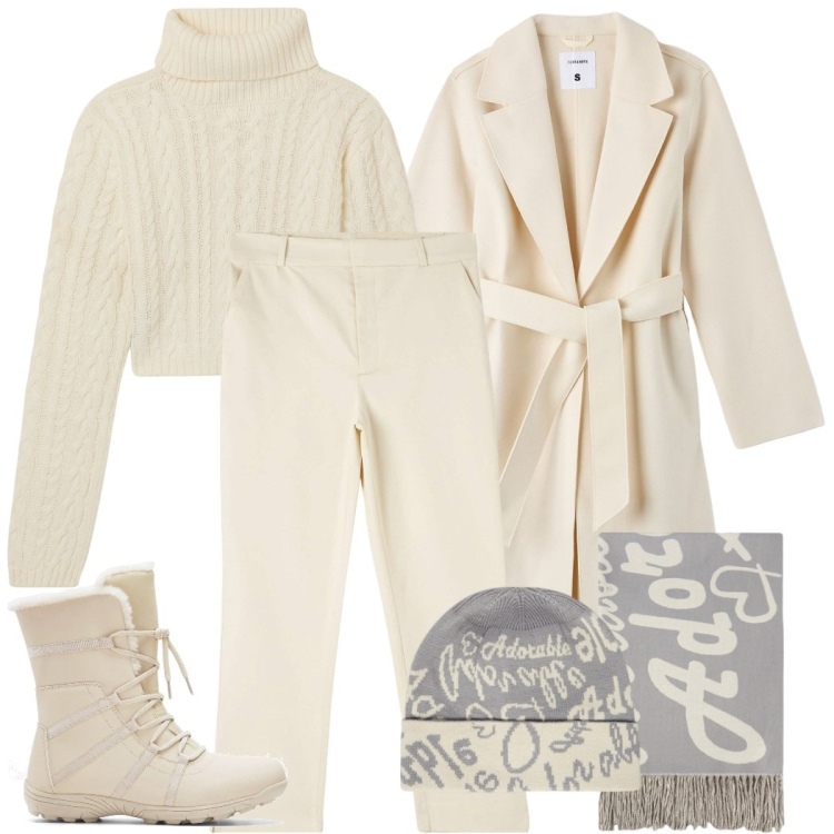 Outfit donna - Come la neve. Stile Casual chic per Tutti i giorni. Abbinamento con stivaletti, pantaloni chino, cappotti, maglieria, cappelli, sciarpe.