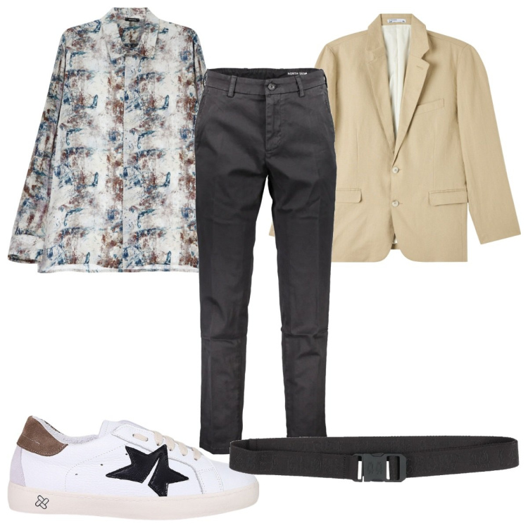 Outfit uomo - Sartoriale contemporaneo: trendy in uffi. Stile Trendy per Ufficio. Abbinamento con cinture, giacche, sneakers, camicie, pantaloni.