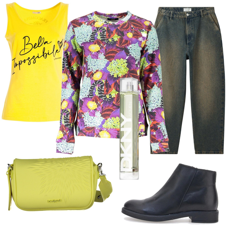 Outfit donna - Total look #2014174. Stile Casual per Tutti i giorni. Abbinamento con profumi, jeans, canottiere, stivaletti, felpe, borse a spalla.