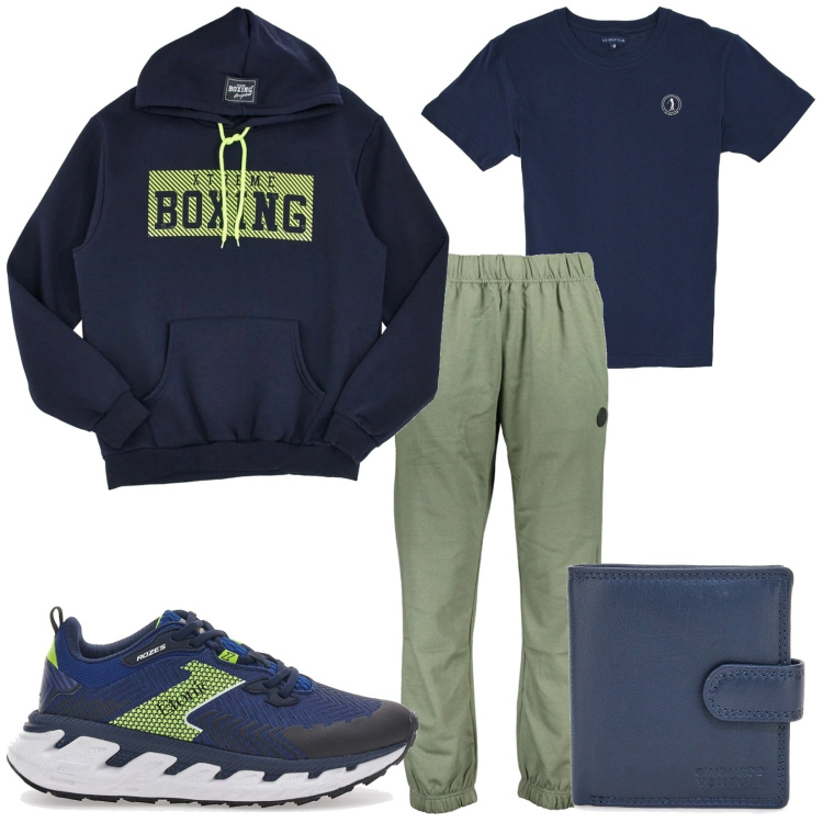 Outfit uomo - Total look #2014177. Stile Urban per Tutti i giorni. Abbinamento con portafogli, sneakers, felpe con cappuccio, pantaloni, t-shirt.