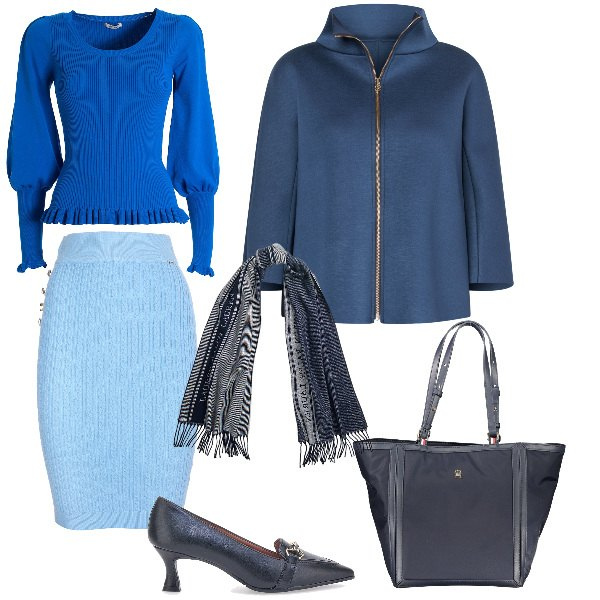 Outfit donna - Feste in blu. Stile Chic per Serata fuori. Abbinamento con cappe, gonne, maglieria, sciarpe, décolleté, borse a spalla.