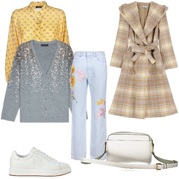 Outfit donna - L\'amica estrosa al party di Natale. Stile Casual chic per Serata fuori. Abbinamento con cappotti, jeans, camicie, sneakers, borse a tracolla, cardigans.