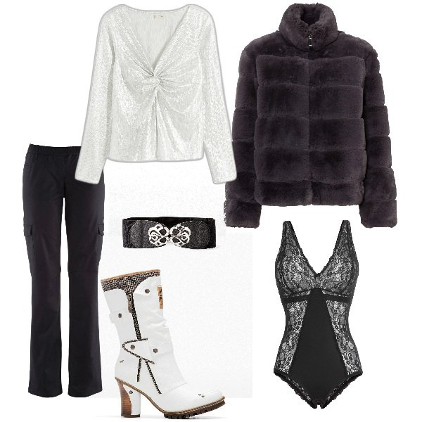 Outfit donna - Total look #2014202. Stile Glamour per Serata fuori. Abbinamento con body, cinture, maglieria, ecopellicce, pantaloni cargo, stivali.