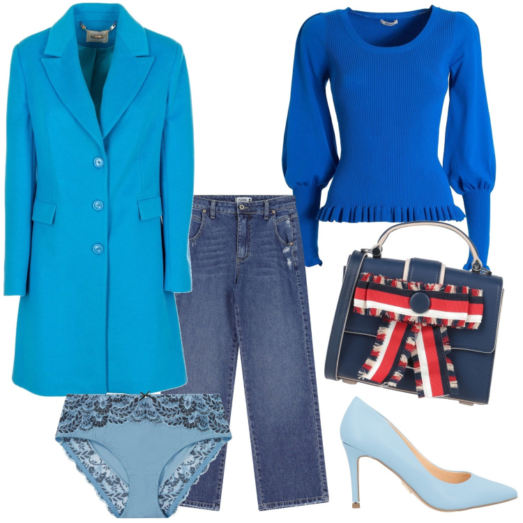 Outfit donna - Aperitivo in blu. Stile Glamour per Serata fuori. Abbinamento con culotte, borse a mano, décolleté, maglieria, cappotti, jeans.