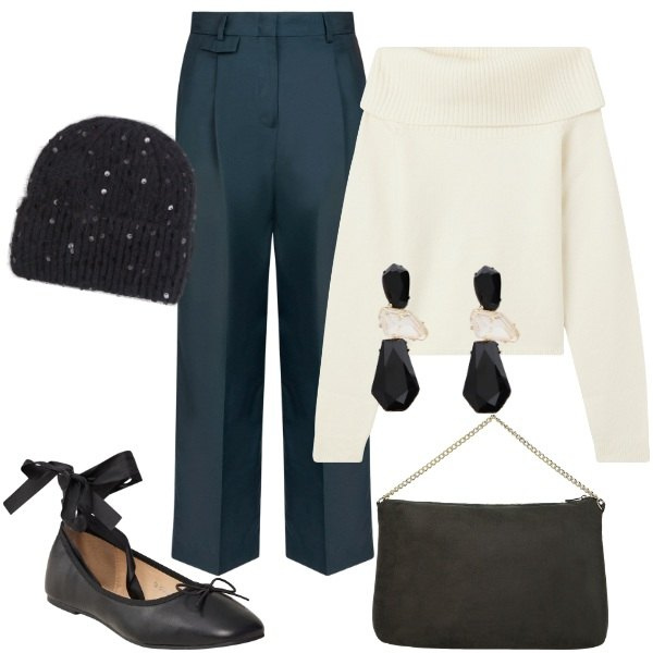 Outfit donna - Total look #2014227. Stile Casual chic per Tutti i giorni. Abbinamento con maglieria, ballerine, berretti, pochette, orecchini, pantaloni.