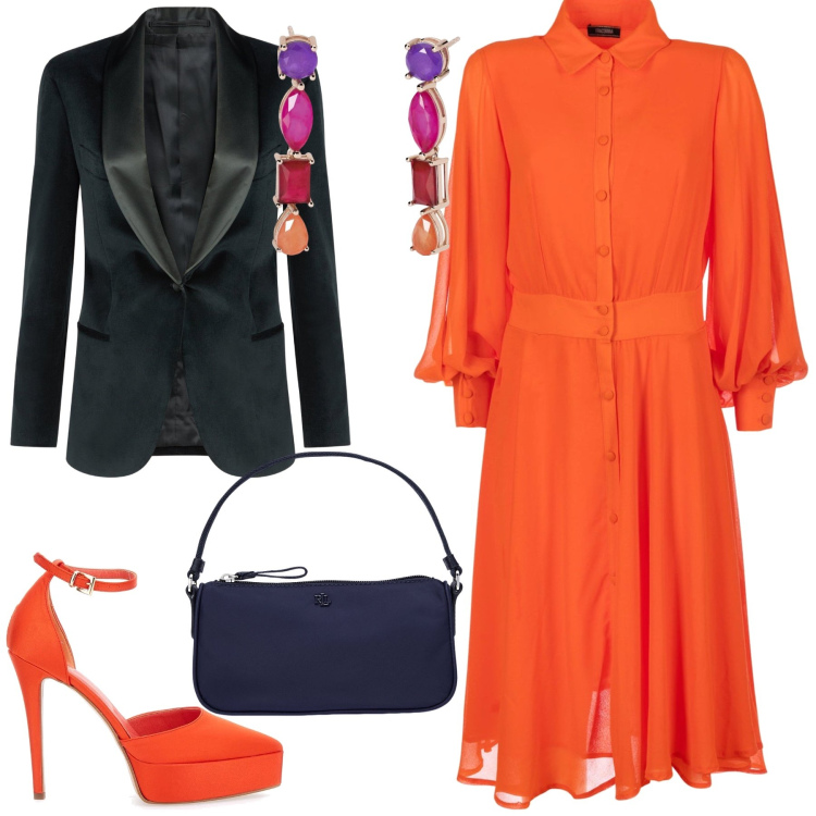 Outfit donna - La testimone. Stile Glamour per Cerimonia. Abbinamento con orecchini, vestiti chemisier, pochette, décolleté, blazer.