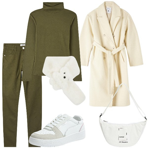 Outfit donna - Verde e bianco neve. Stile Casual chic per Tutti i giorni. Abbinamento con marsupi, maglieria, pantaloni skinny, cappotti, sneakers, sciarpe.