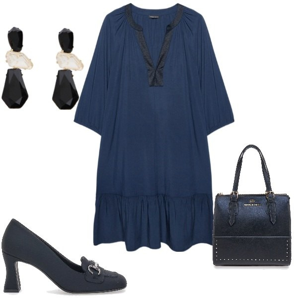 Outfit donna - Eleganza avvolgente. Stile Bon Ton per Serata fuori. Abbinamento con orecchini, borse a mano, vestiti, décolleté.