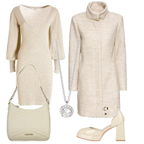 Outfit donna - Total white elegante. Stile Chic per Cerimonia. Abbinamento con cappotti, décolleté, collane, vestiti, borse a spalla.