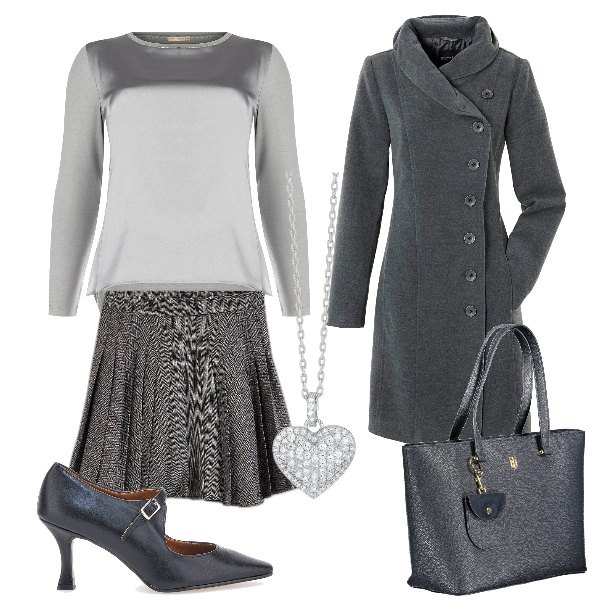 Outfit donna - Maglioncino argentato. Stile Chic per Ufficio. Abbinamento con minigonne, cappotti, collane, bluse, décolleté, borse a spalla.