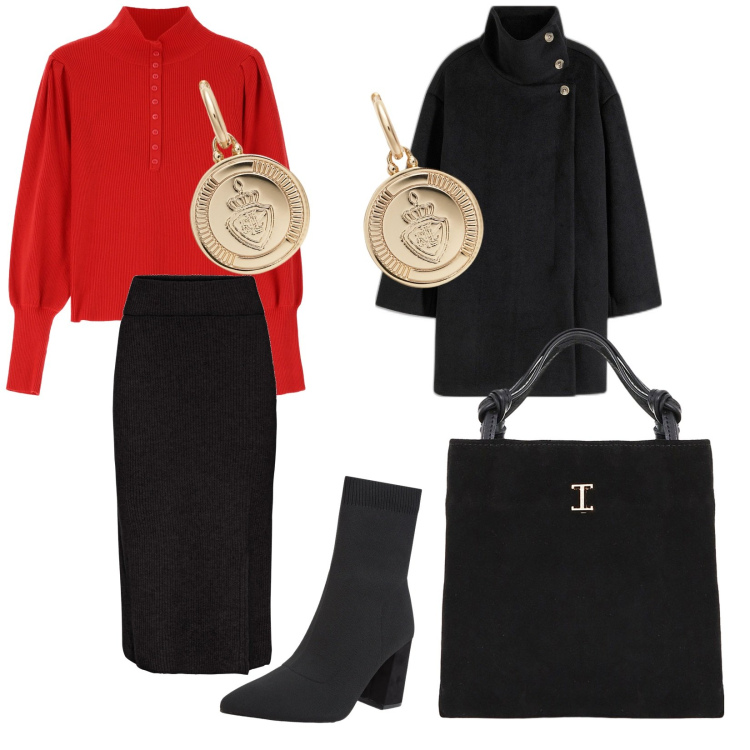 Outfit donna - Spese natalizie. per Tutti i giorni. Abbinamento con gonne, cappotti, stivaletti, maglieria, shopping bag, orecchini.