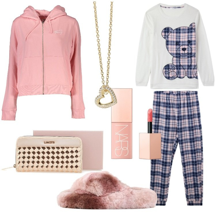 Outfit donna - Homewear natalizio. Stile Romantica per Tutti i giorni. Abbinamento con blush, pigiama, collane, portafogli, felpe con cappuccio, ciabatte.