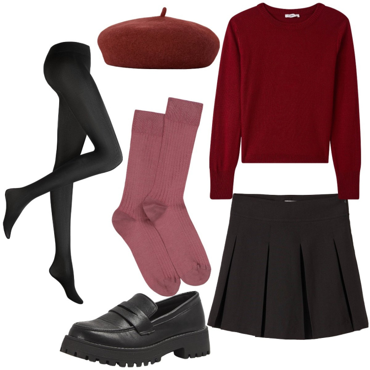 Outfit donna - Paris. Stile Romantica Abbinamento con collant, maglieria, gonne, mocassini, cappelli e berretti, calzini.