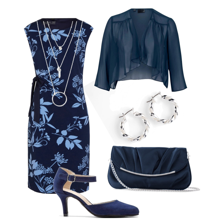 Outfit donna - Party time Bonprix in blu e argento. Stile Chic per Serata fuori. Abbinamento con ciondoli, pochette, décolleté, blazer, orecchini, vestiti.