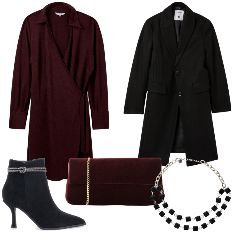 Outfit donna - Elegante Bordeaux. Stile Glamour per Serata fuori. Abbinamento con vestiti lunghi, cappotti, collane, pochette, stivaletti.