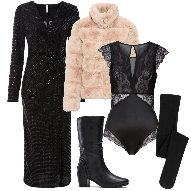 Outfit donna - Bonprix - Party Glam. Stile Glamour per Serata fuori. Abbinamento con body, ecopellicce, stivali, vestiti, collant.