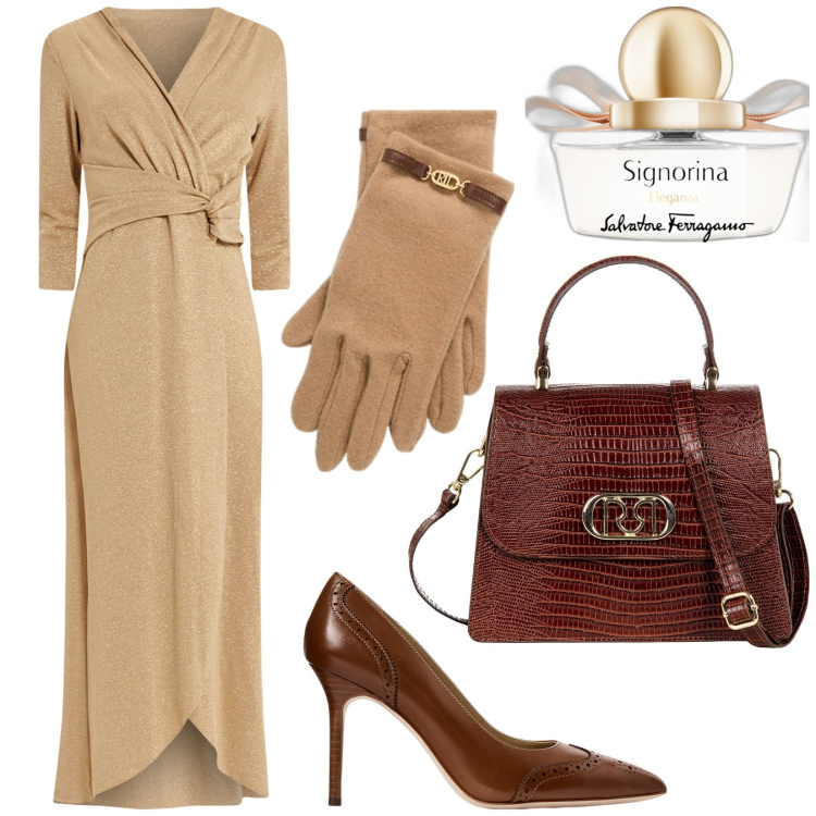 Outfit donna - Cena tra colleghi. Stile Chic per Serata fuori. Abbinamento con vestiti lunghi, borse a mano, profumi, décolleté, guanti.