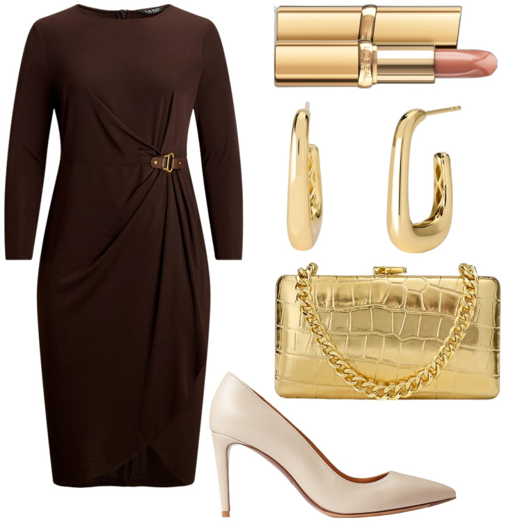 Outfit donna - L\'eleganza dell\'oro. Stile Glamour per Serata fuori. Abbinamento con rossetti, orecchini, vestiti, décolleté, clutch.