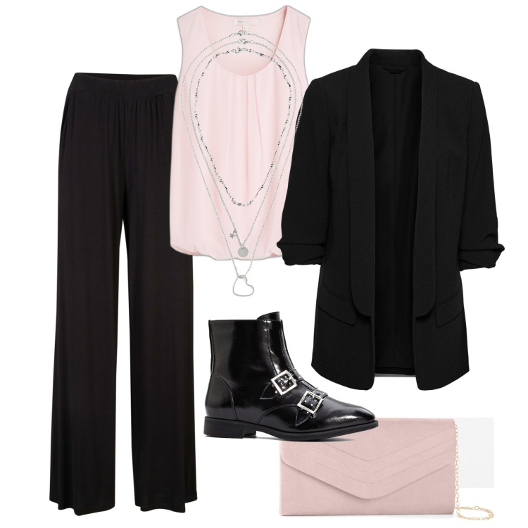 Outfit donna - Scambio di auguri in ufficio. Stile Trendy per Ufficio. Abbinamento con pantaloni, collane, top, blazer, stivaletti, pochette.