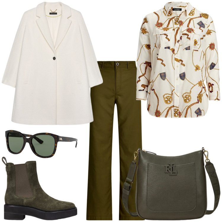 Outfit donna - Look Power casual. Stile Casual chic per Tutti i giorni. Abbinamento con borse a tracolla, occhiali da sole, camicie, pantaloni, stivaletti chelsea, cappotti.