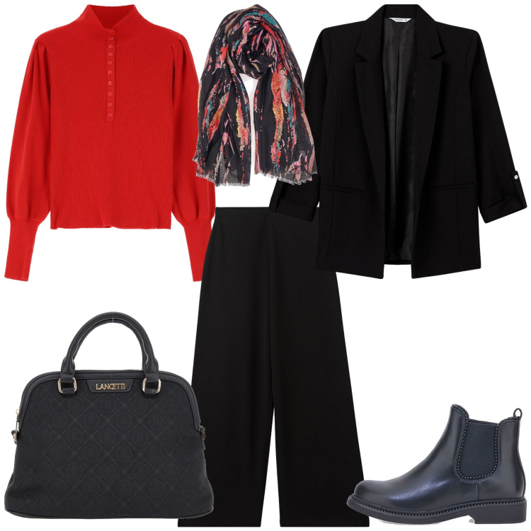 Outfit donna - Power casual. Stile Casual chic per Tutti i giorni. Abbinamento con blazer, pantaloni, maglieria, stivaletti chelsea, borse a spalla, foulard.