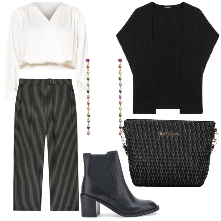 Outfit donna - Sicura di sé. Stile Urban per Ufficio. Abbinamento con orecchini, bluse, stivaletti, cappe, pantaloni, borse a spalla.