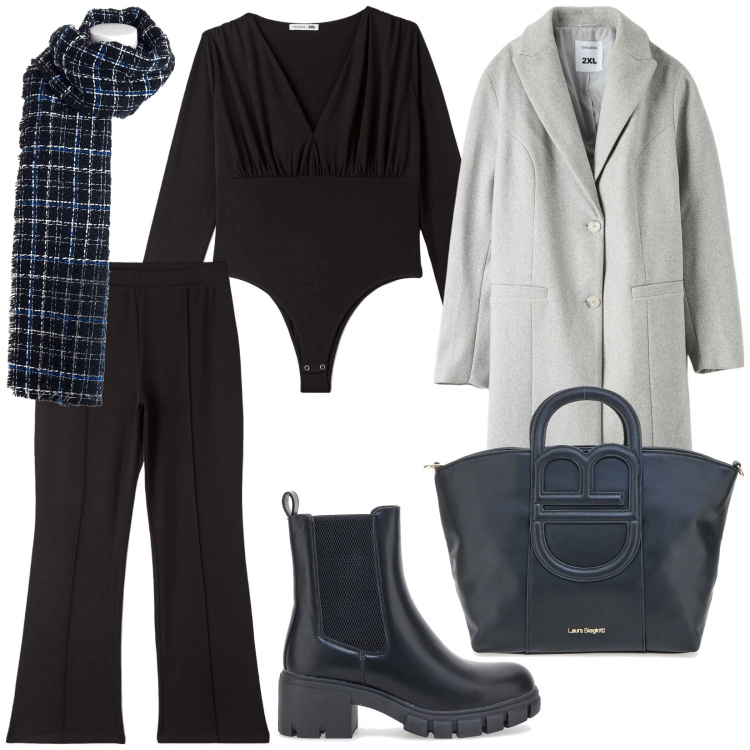 Outfit donna - Power casual. Stile Urban per Ufficio. Abbinamento con pantaloni, body, cappotti, sciarpe, stivaletti chelsea, borse a tracolla.