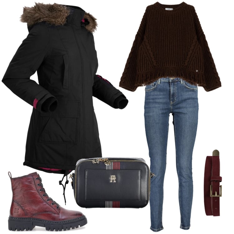 Outfit donna - Borgogna. Stile Casual per Tutti i giorni. Abbinamento con cappotti, maglieria, anfibi, borse a tracolla, jeans slim fit, cinture.