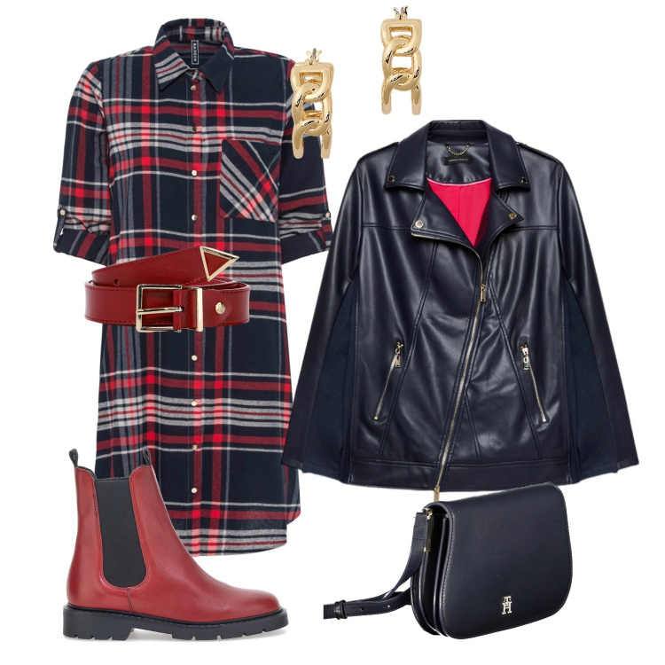 Outfit donna - In tartan blue e rosso. Stile Trendy per Tutti i giorni. Abbinamento con vestiti chemisier, cinture, orecchini, stivaletti chelsea, giacche, borse a tracolla.